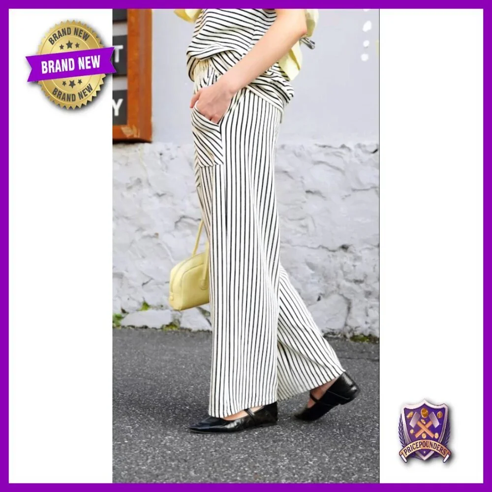 Striped Two Piece Lounge Set Short Sleeve Top Wide Leg Pants Oversized Chic